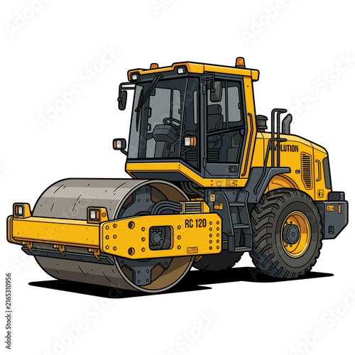 Yellow Heavy Duty Road Roller Construction Vehicle Isolated on White Background for Infrastructure and Civil Engineering Projects