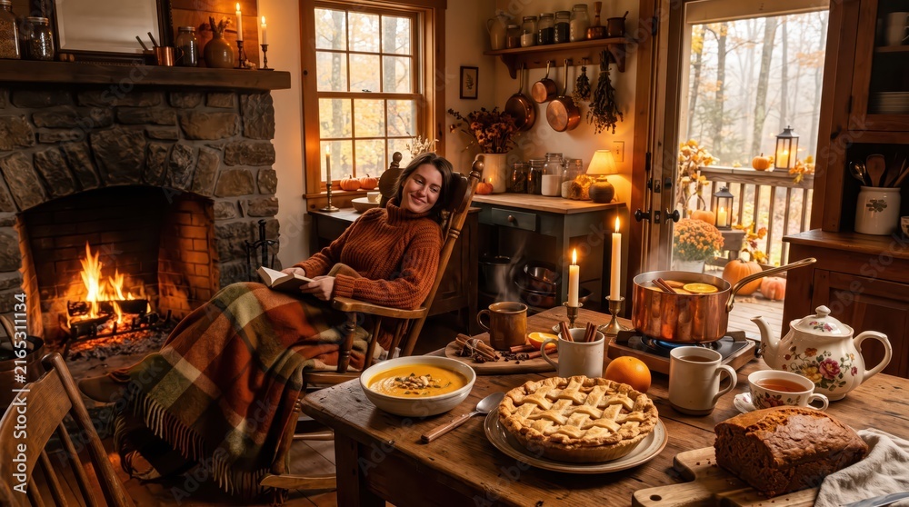Fototapeta premium Middle aged woman relaxing with book and wrapped in blanket by roaring fireplace in rustic kitchen dining area with autumn pie and soup on wooden table, warm cozy mood