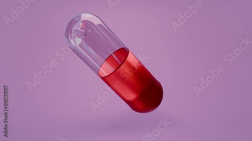Close up of  glass transparent capsule medicine spin  on pink background , 3d animation VDO 4k.