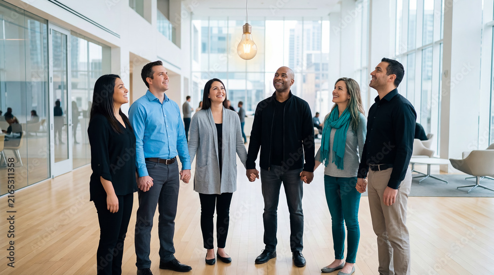 Fototapeta premium Diverse team of professionals holding hands and smiling in modern office. Business collaboration, teamwork, corporate culture, startup.