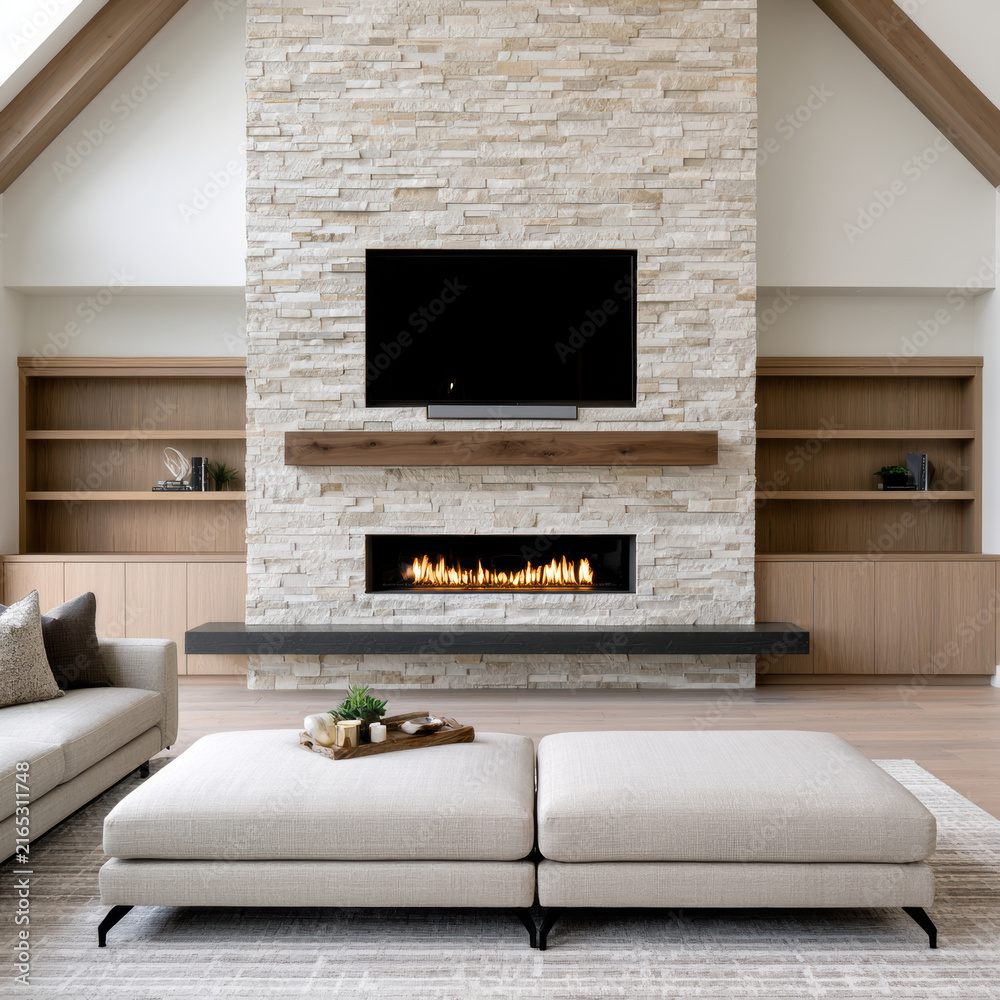 Fototapeta premium Spacious modern rustic living room with stone fireplace, wood shelving, neutral sofa, ottoman, and cozy atmosphere