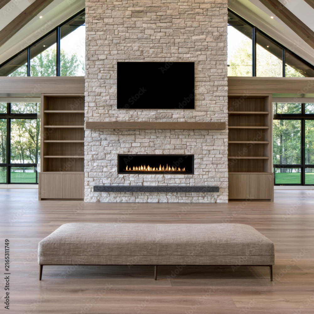 Fototapeta premium Modern rustic living room with stone fireplace, large windows, wood shelving, minimalist bench, and natural light create cozy, inviting atmosphere