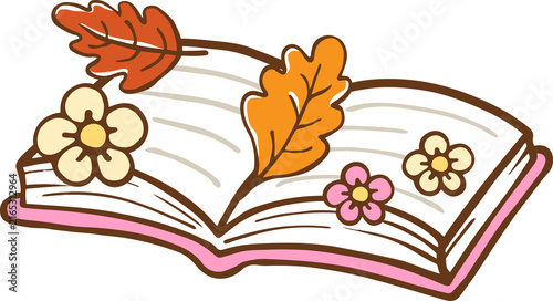 Cute Open Book with Autumn Leaf Cartoon Hand Drawn Illustration