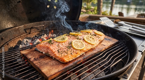Grilled salmon with lemon slices cooking on a barbecue grill  