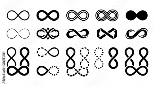 Collection of infinity icons in diverse artistic styles, symbolizing endlessness, continuity, boundlessness, eternity, and abstract conceptual visualization.