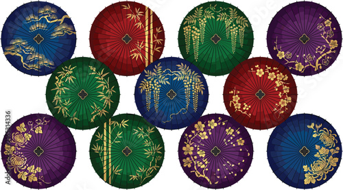 Japanese wagasa umbrella vector set with traditional paper parasol designs and golden floral motifs