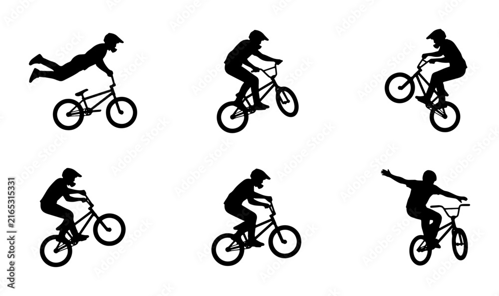 Fototapeta premium BMX Bike Rider Silhouettes, Extreme Sports Action Poses, Bicycle Freestyle Vector Set