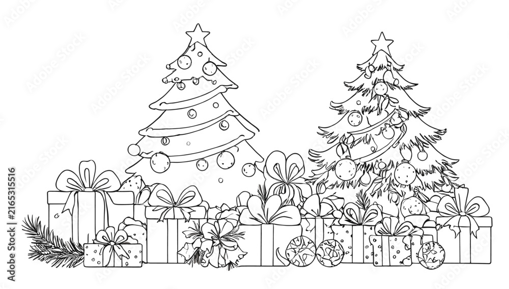Obraz premium A festive black and white illustration of two decorated Christmas trees surrounded by numerous wrapped gifts and pine branches.