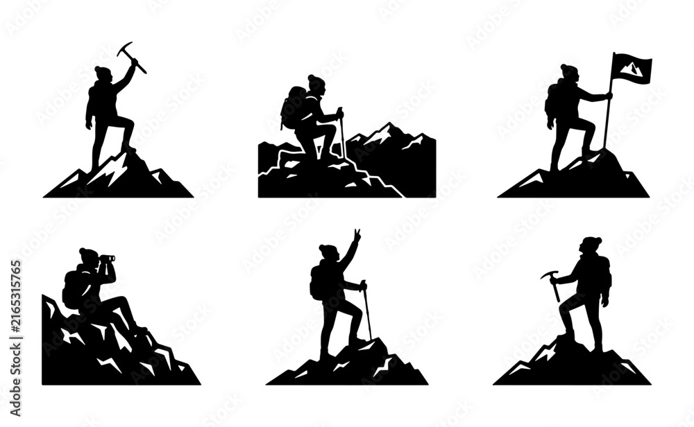 Fototapeta premium Mountain Climbing Silhouettes, Summit Success, Adventure Vector Icons, Outdoor Exploration Graphics