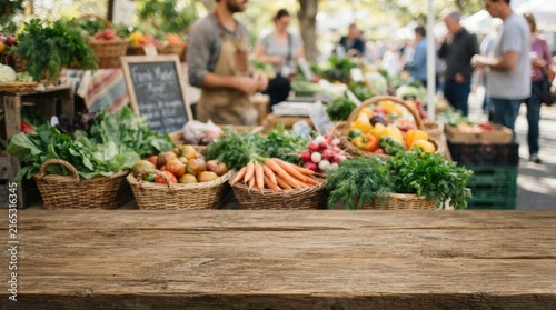 Vibrant farmers market scene showcasing fresh organic vegetables, fruits, and greens on rustic wooden tables, ideal for food blogging, restaurant menus, or healthy lifestyle marketing campaigns.