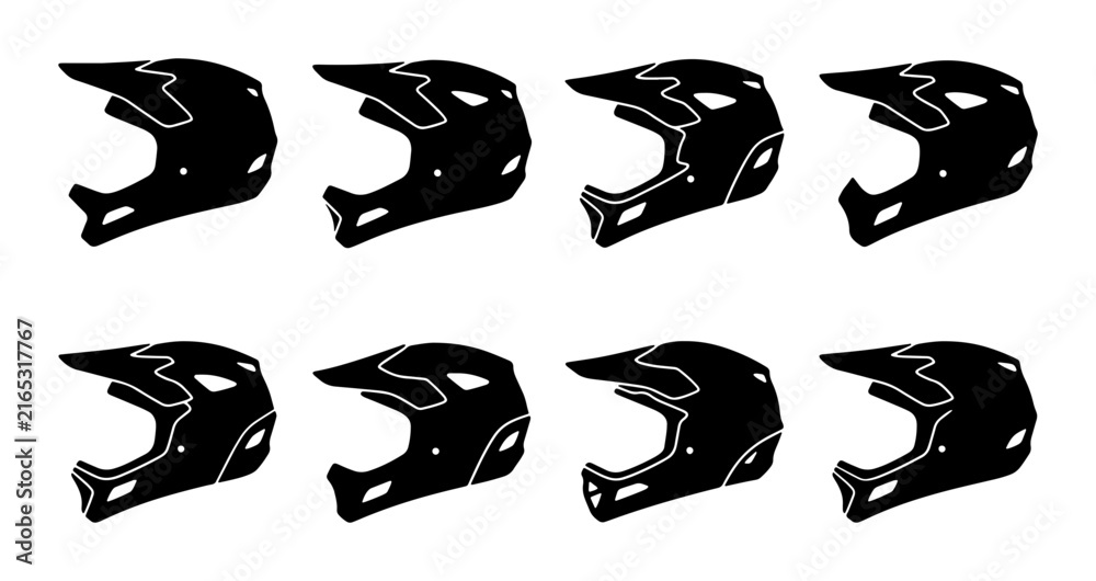 Fototapeta premium Full Face Helmet Icons, Mountain Bike Gear Vector Set, Downhill Cycling Protection Graphics