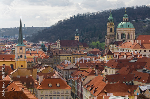 Czechoslovakia, Prague, View of downtown city with mountains