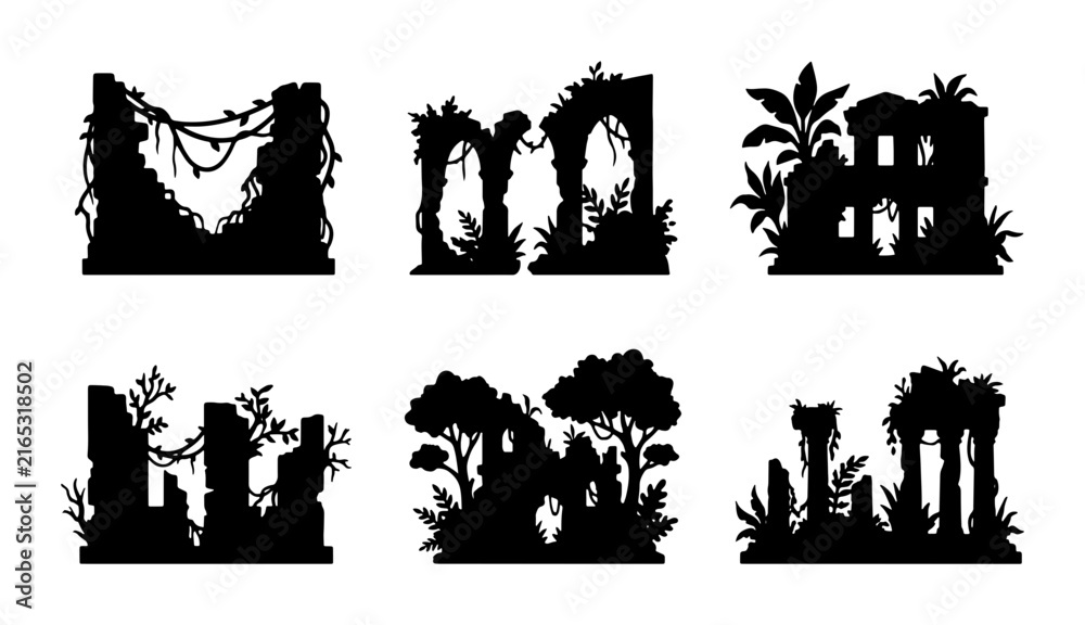 Fototapeta premium Ancient Ruins Silhouettes, Jungle Overgrowth Vector Set, Lost City Architecture Elements
