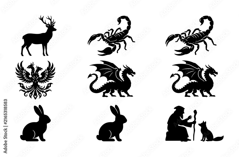 Obraz premium Mythical Creatures & Animals Vector Icons Set: Dragon, Phoenix, Scorpion, Deer, Rabbit, Wizard