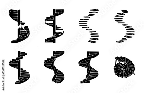 Spiral Staircase Icons, Architectural Design Elements, Modern Interior Stairs, Vector Graphics Set
