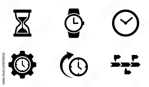 Time Icons Set: Hourglass, Wristwatch, Clock, Gear Clock, Time Loop, Workflow Icons