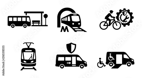 Public Transport Icons: Bus, Subway, Tram, Bike Mechanic, Van Security, Accessible Van