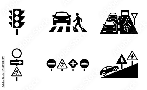 Traffic Signs and Road Safety Icons: Pedestrian Crossing, Signals, Road Hazards, Vector Set