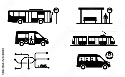 Public Transport Icons: Bus, Tram, Shuttle, Station, Route Map, City Commute