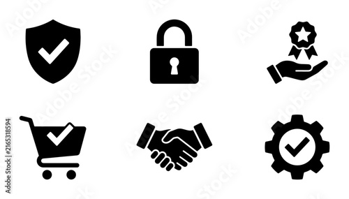 Security, Trust, and Quality Icons: Shield, Lock, Award, Cart, Handshake, Gear
