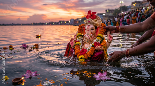 Devotees immersing Ganesha idol in river water during sunset Visarjan ceremony