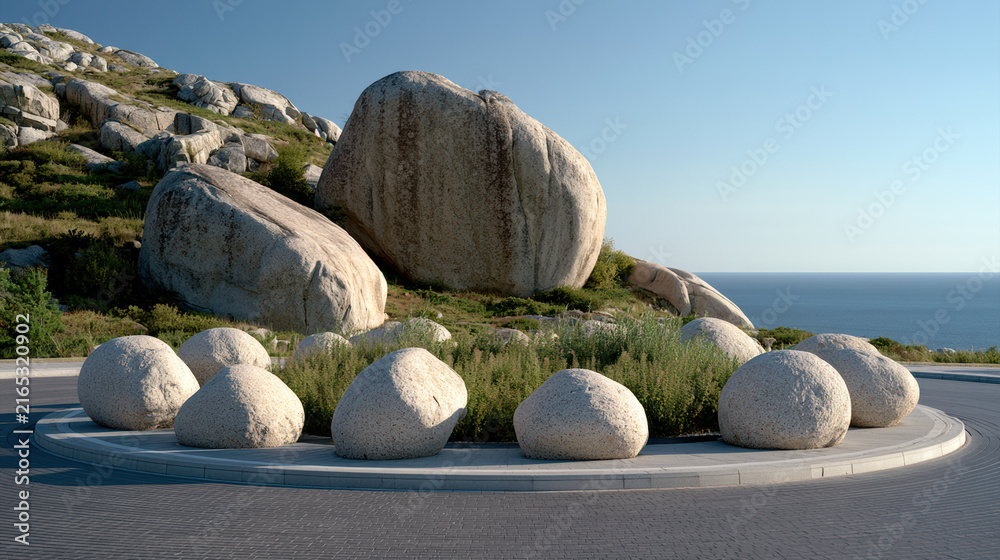 Fototapeta premium Large round boulders surround landscaped traffic circle with green plants, set against rocky hills and blue sea under clear sky