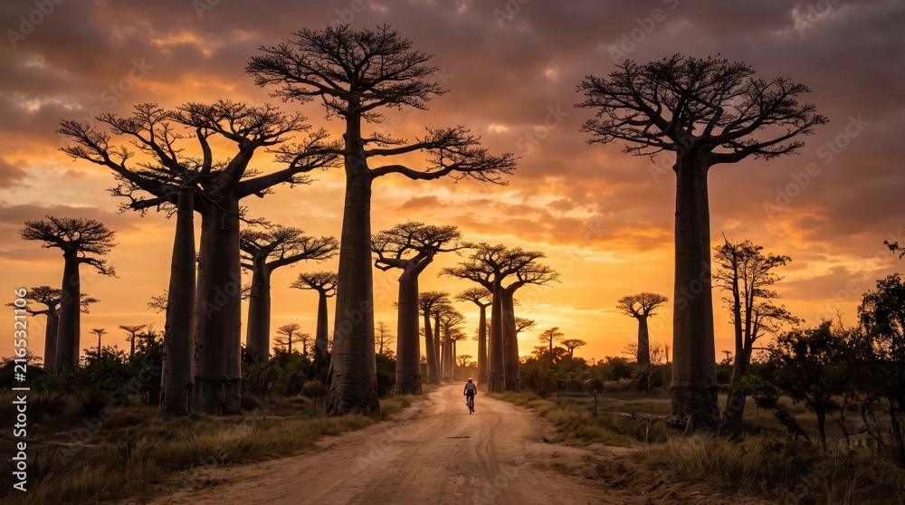 Fototapeta premium Lone cyclist riding down baobab tree avenue on dusty road at dramatic sunset with tall silhouettes and long shadows creating golden dusk landscape scene