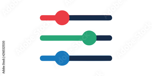 Quadro su tela Colorful slider control buttons with flat circles on horizontal bars for interface settings or volume level adjustment