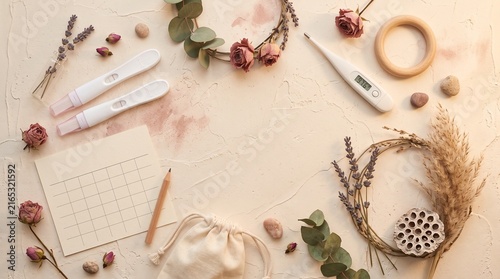 Flat lay of fertility planning items with natural dried flowers and pregnancy tests on a light background, symbolizing hope and new beginnings.