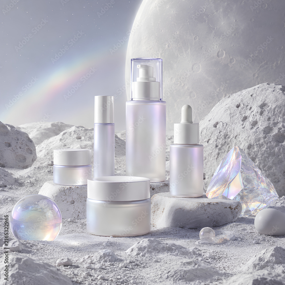 Fototapeta premium Minimalist white skincare bottles on icy glacier with soft rainbow light reflection