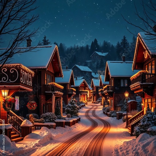 Winter scenery with decorated houses at night, serene, festive