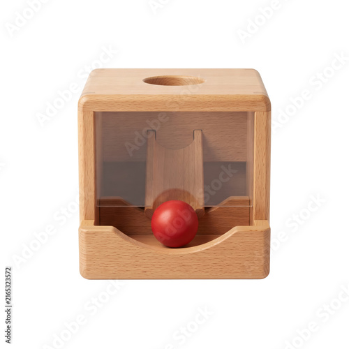 Wooden object permanence box with red ball
