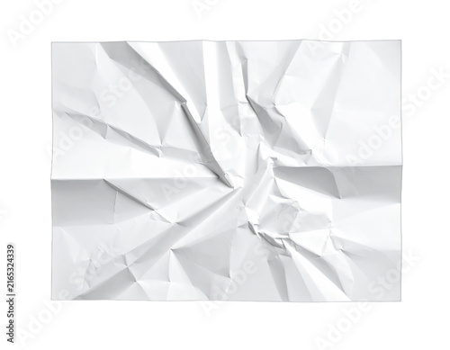 A piece of crumpled white paper is isolated against a black background, showcasing its textured folds and shadows.