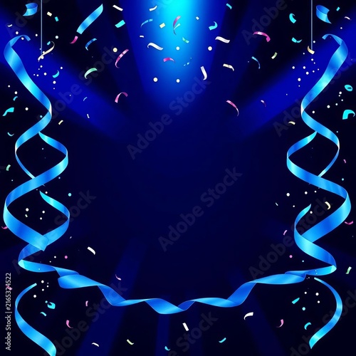 Blue celebration background template with drop confetti and blue ribbons on blue ray light, balloons, shimmering