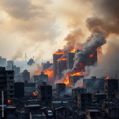 Ruined cityscape with burning buildings amidst smoke and flames, apocalyptic, fire