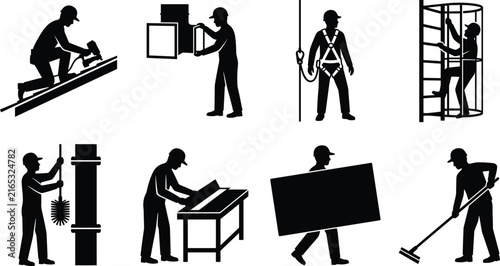 Cuadro en lienzo Construction worker and building maintenance stick figure pictogram icon set dep