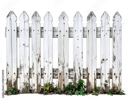 A weathered white picket fence with green foliage at its base.