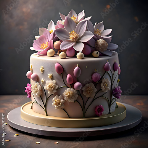 Elegant floral decorated cake with pastel hues. Ornate design with flowers and accents. placed on a round cake stand.