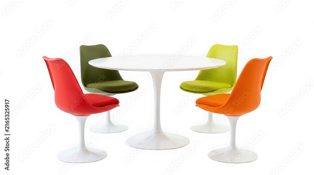 Obraz premium Modern dining table set with four colorful chairs isolated on transparent background