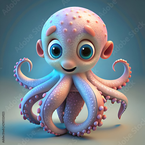 Cute cartoon octopus in light purple/pink color palette. Friendly pose on a muted light blue background. Character design for children's media. playful use.