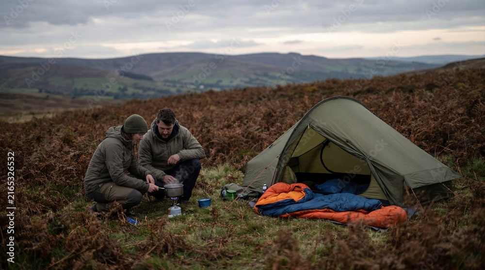 Fototapeta premium Couple cooking together while camping on remote hillside in nature