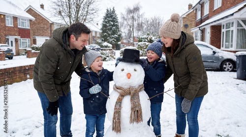 Family building snowman together in front yard during winter season