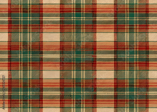 Red. green. and beige plaid fabric with distressed texture. A classic plaid pattern with a distressed. vintage aesthetic.