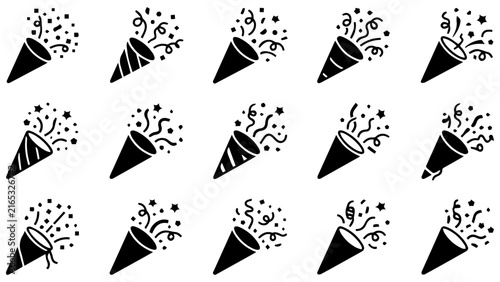 Foto Set of black party popper icons for celebration and event design elements