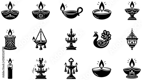 Fotografía Set of black and white diwali oil lamp icons with traditional candle and light f
