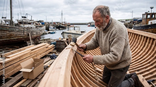 Man crafting traditional wooden boat in harbor with heritage craftsmanship