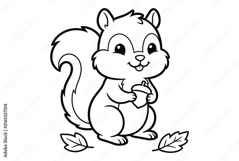 Obraz premium Cute cartoon squirrel holding an acorn surrounded by autumn leaves for children coloring book page line art illustration