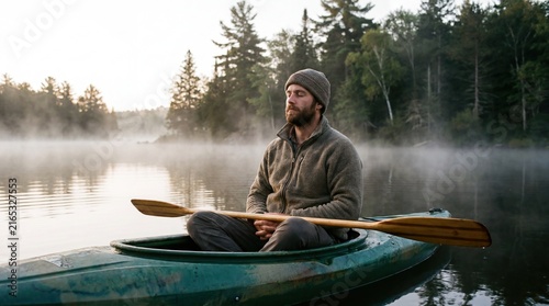 Man meditating on kayak in tranquil morning lake for mindfulness and relaxation