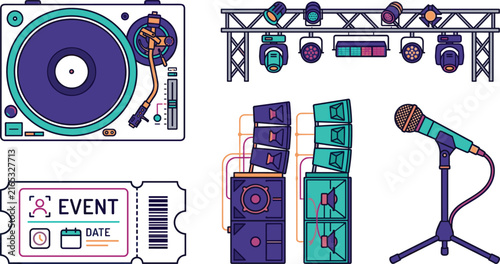 Live music concert and DJ event equipment vector icon set with turntable, speakers, and lighting