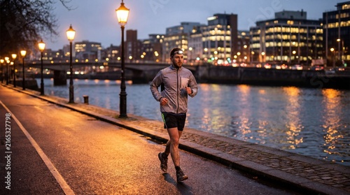 Man jogging along river path in evening with city lights and street lamps